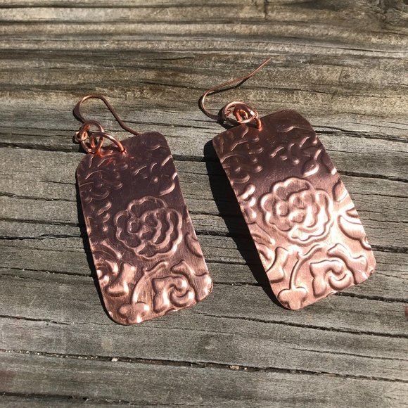 Embossed Roses Earrings Solid Copper Modern Drop Dangle African Bold Statement - Picture 5 of 5